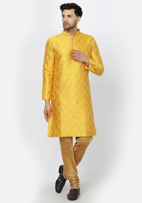 Yellow Woven Design Silk Kurta Set For Men