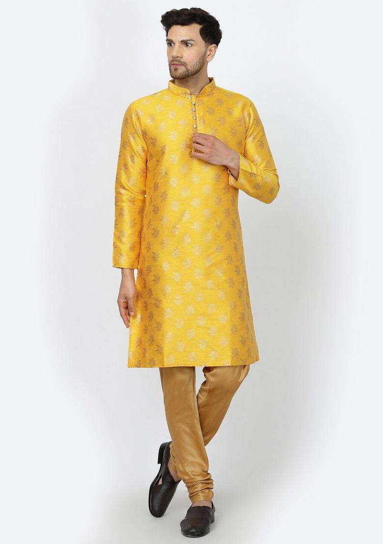 Yellow Woven Design Silk Kurta Set For Men - Indya