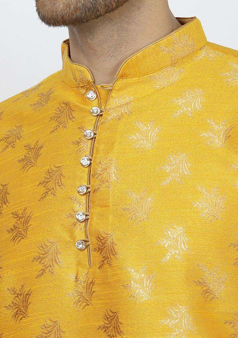 Yellow Woven Design Silk Kurta Set For Men - Indya
