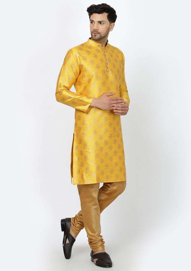 Yellow Woven Design Silk Kurta Set For Men - Indya