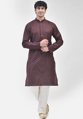 Maroon Woven Design Cotton Kurta Set For Men