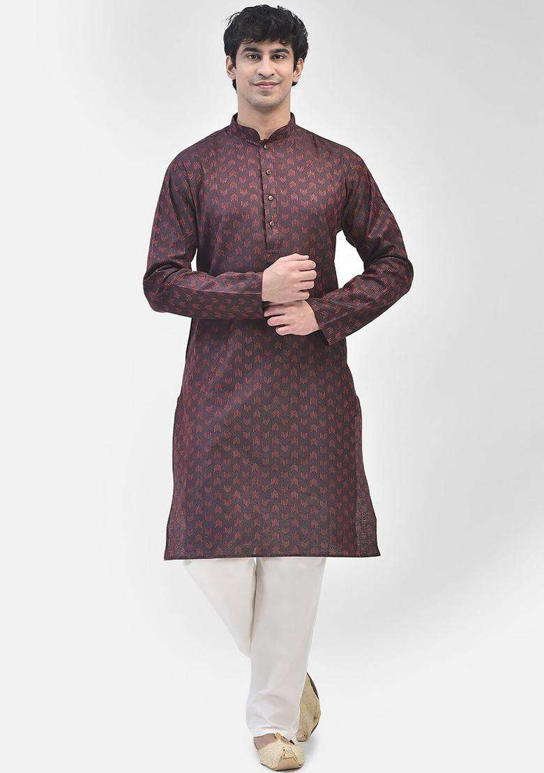 Maroon Woven Design Cotton Kurta Set For Men - Indya
