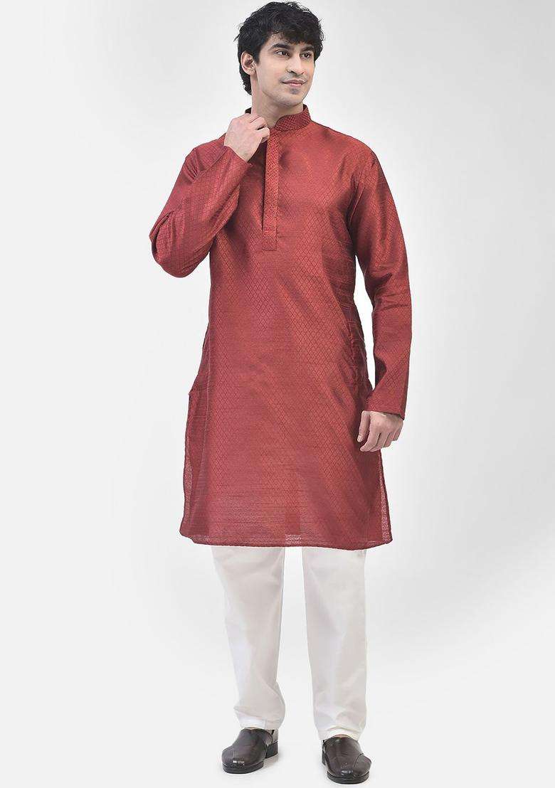 Maroon Woven Design Silk Blend Kurta Set For Men - Indya