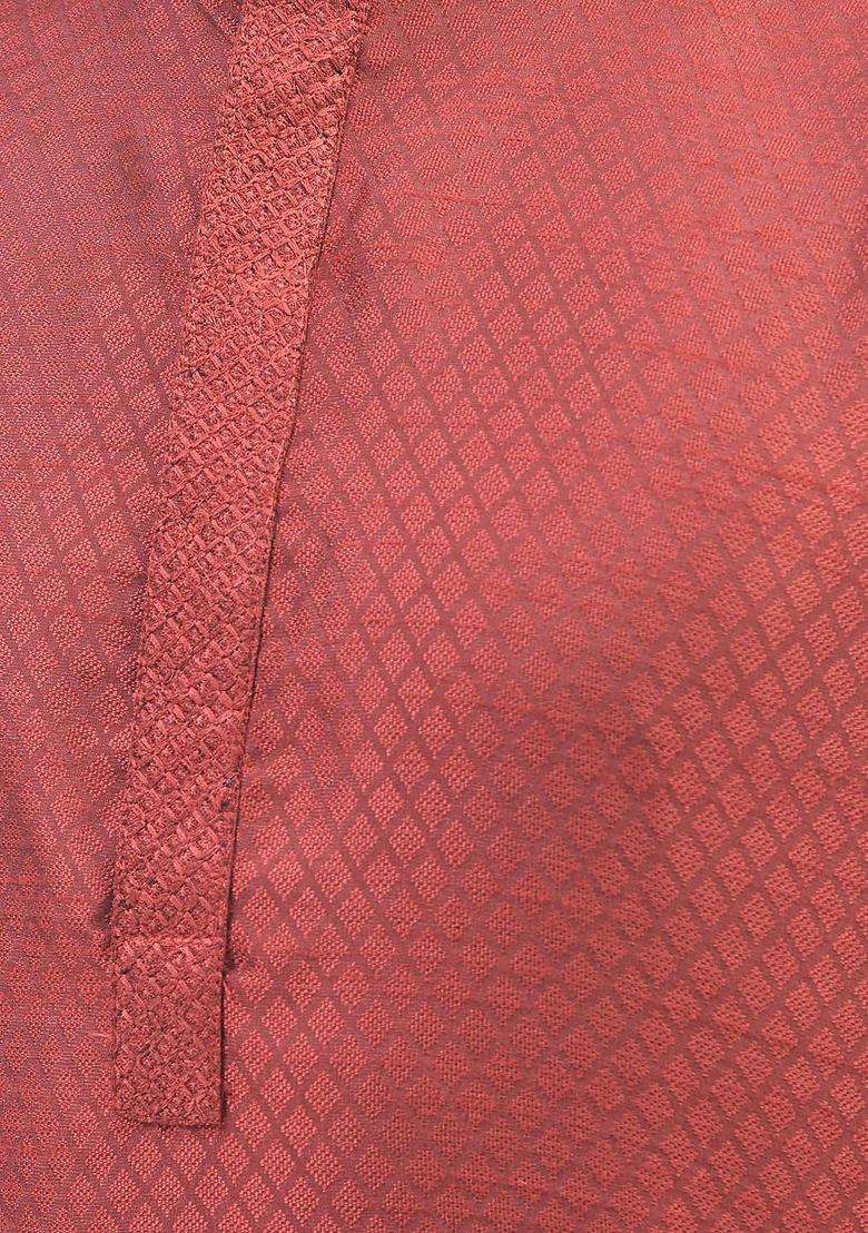 Maroon Woven Design Silk Blend Kurta Set For Men - Indya