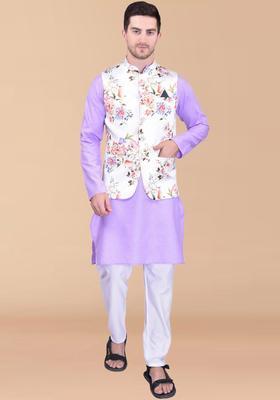 Purple Solid Cotton Kurta Set For Men