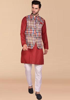 Maroon Solid Cotton Kurta Set For Men