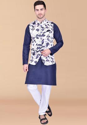 Navy Blue Solid Cotton Kurta Set For Men