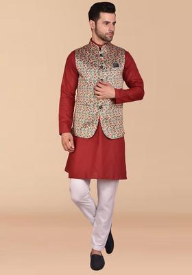 Maroon Solid Cotton Kurta Set For Men