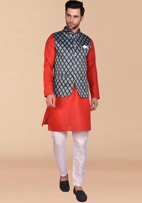 Red Solid Cotton Kurta Set For Men