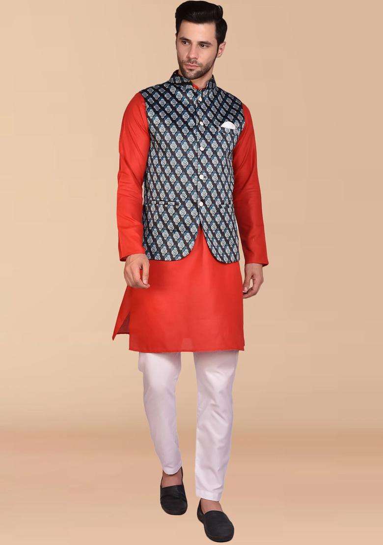 Red Solid Cotton Kurta Set For Men - Indya