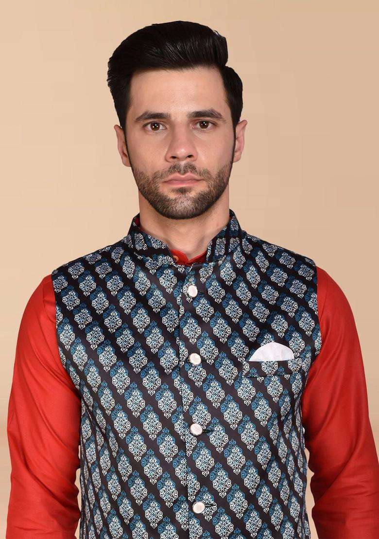 Red Solid Cotton Kurta Set For Men - Indya