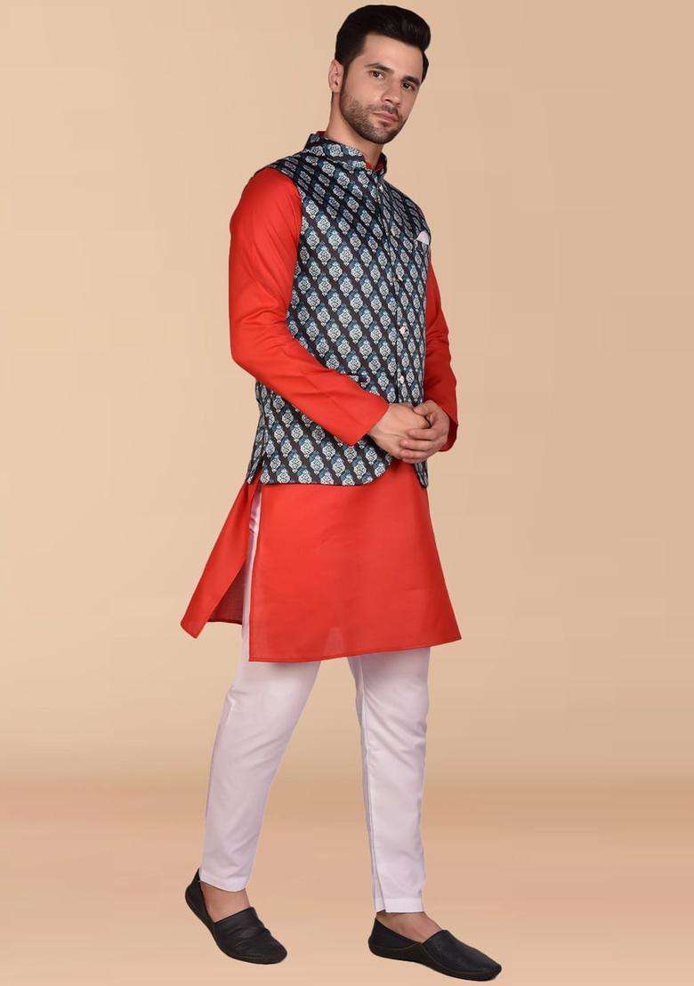 Red Solid Cotton Kurta Set For Men - Indya