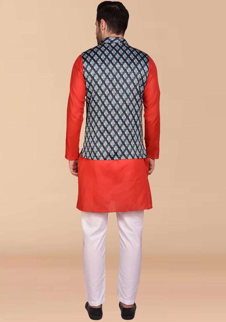 Red Solid Cotton Kurta Set For Men - Indya