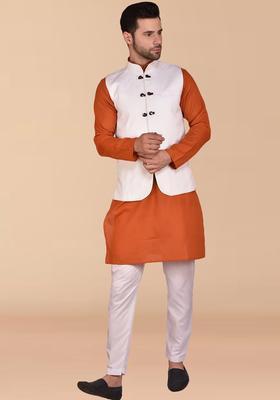 Orange Solid Cotton Kurta Set For Men
