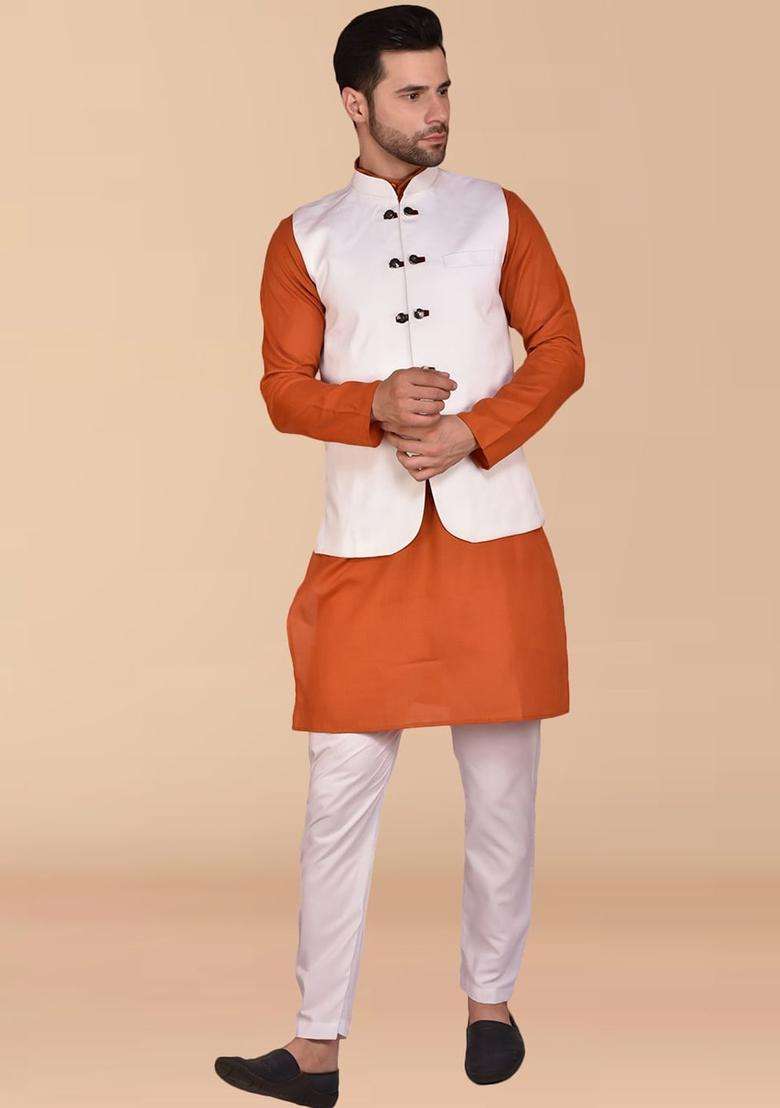 Orange Solid Cotton Kurta Set For Men - Indya