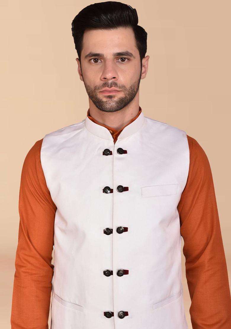 Orange Solid Cotton Kurta Set For Men - Indya
