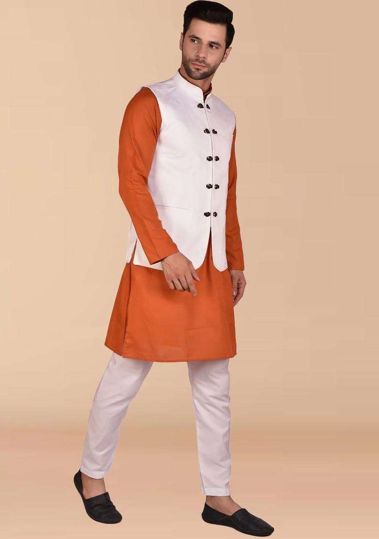 Orange Solid Cotton Kurta Set For Men - Indya