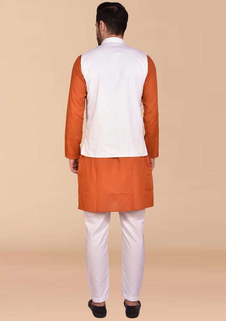 Orange Solid Cotton Kurta Set For Men - Indya