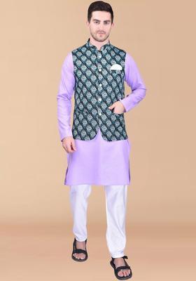 Purple Solid Cotton Kurta Set For Men