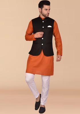 Orange Solid Cotton Kurta Set For Men