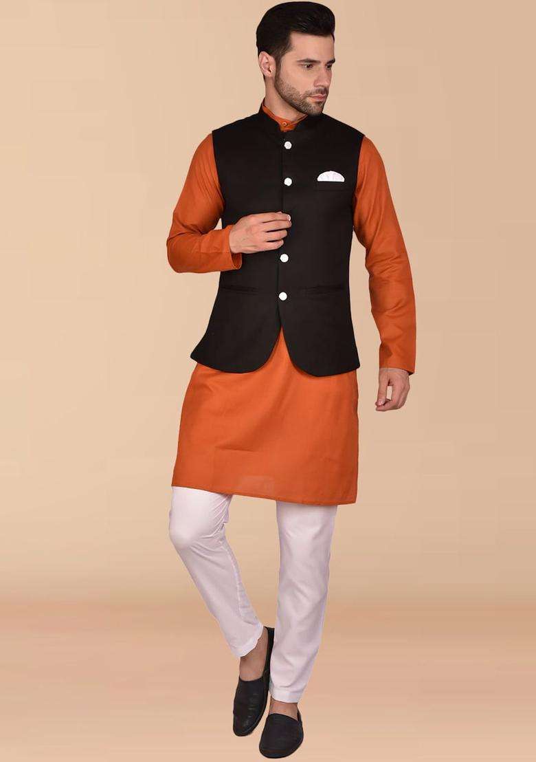 Orange Solid Cotton Kurta Set For Men - Indya