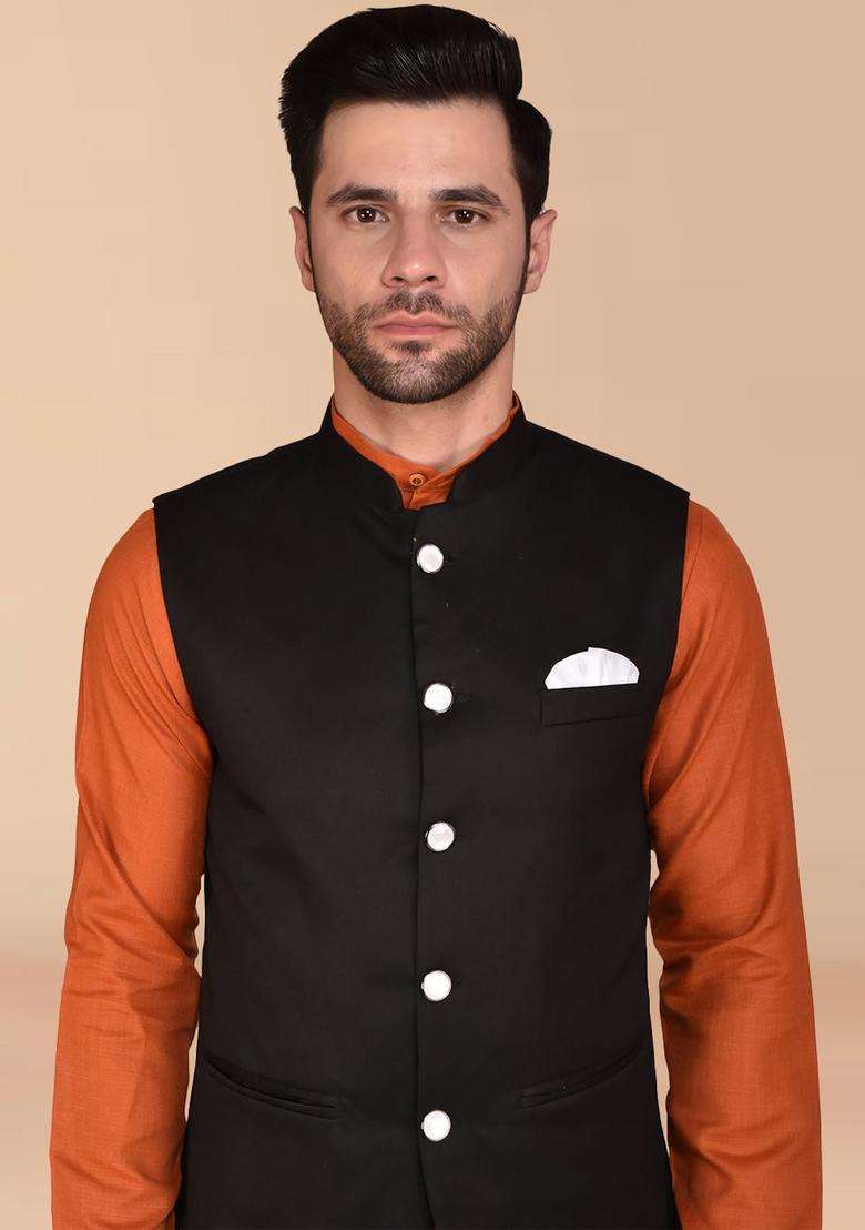 Orange Solid Cotton Kurta Set For Men - Indya