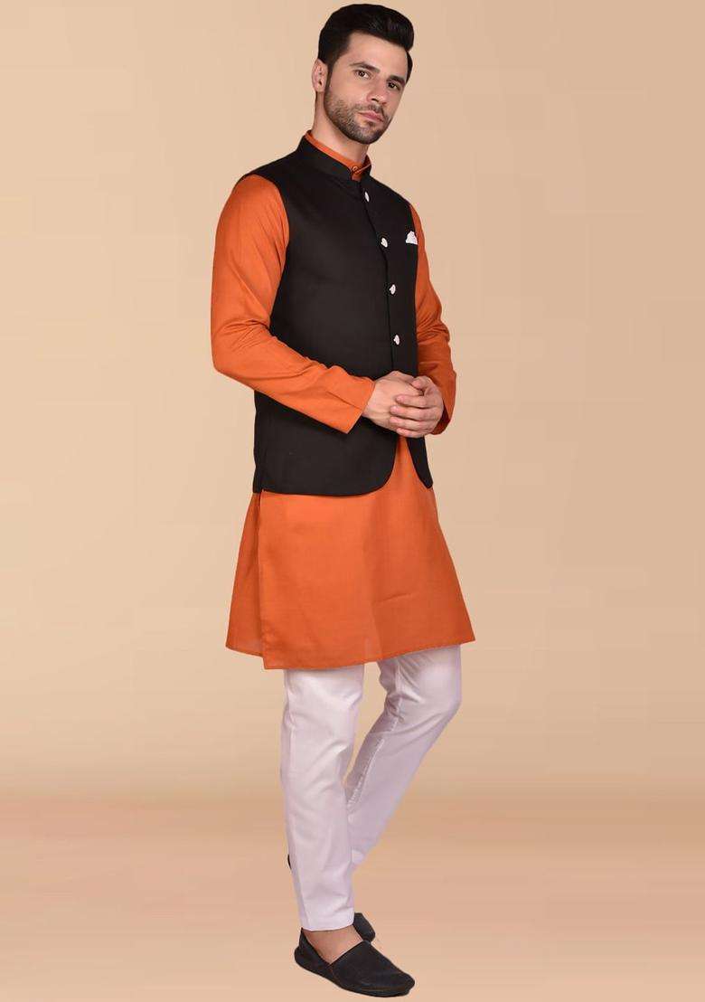 Orange Solid Cotton Kurta Set For Men - Indya