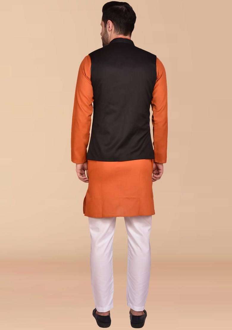 Orange Solid Cotton Kurta Set For Men - Indya