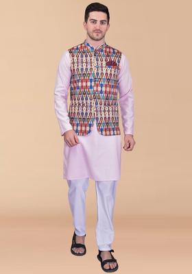 Pink Solid Cotton Kurta Set For Men