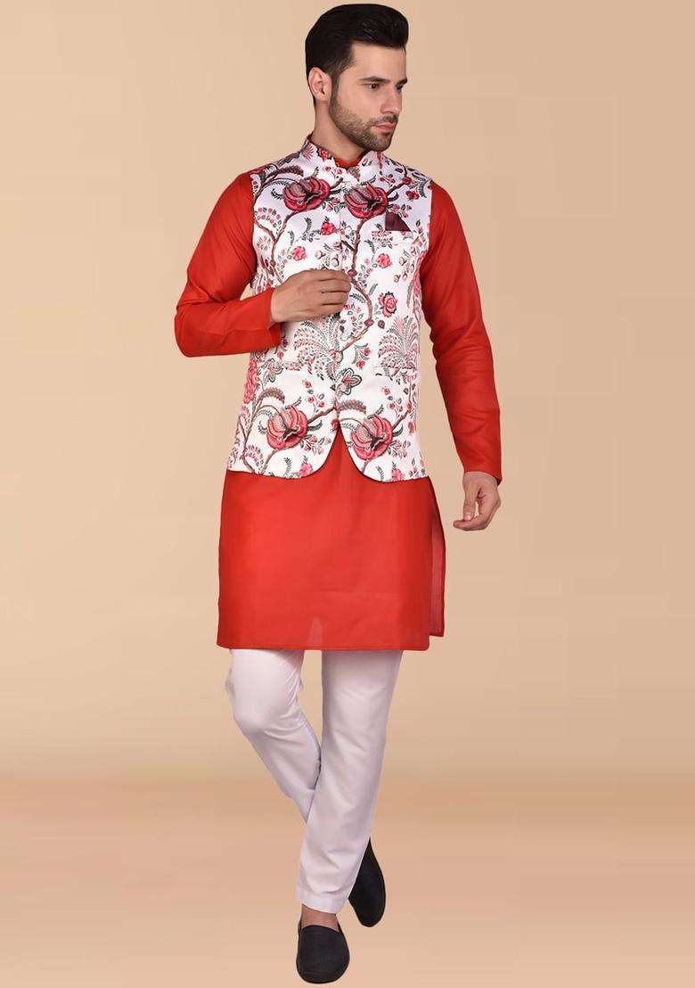 Red Solid Cotton Kurta Set For Men - Indya