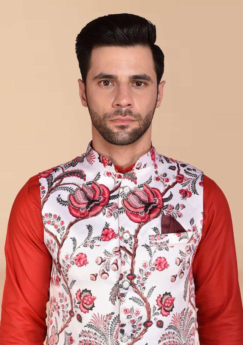 Red Solid Cotton Kurta Set For Men - Indya