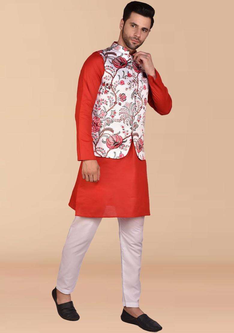 Red Solid Cotton Kurta Set For Men - Indya