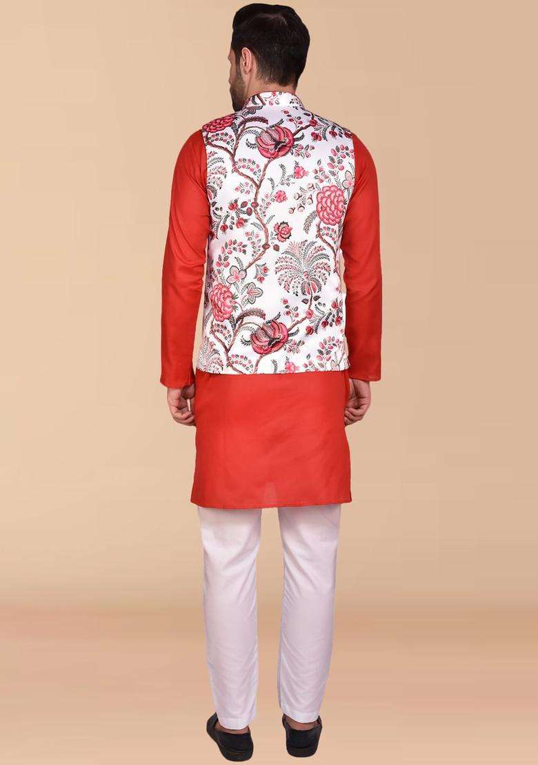 Red Solid Cotton Kurta Set For Men - Indya