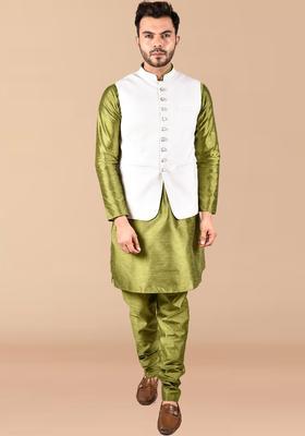 Green Solid Silk Kurta Set For Men