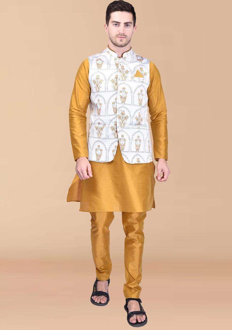 Gold Solid Silk Blend Kurta Set For Men - Indya
