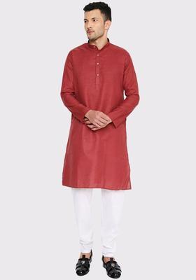 Maroon Solid Cotton Kurta Set For Men