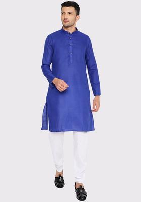Navy Blue Solid Cotton Kurta Set For Men
