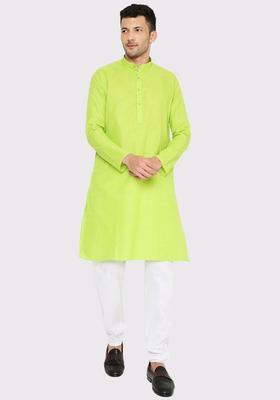 Fluorescent Green Solid Cotton Kurta Set For Men