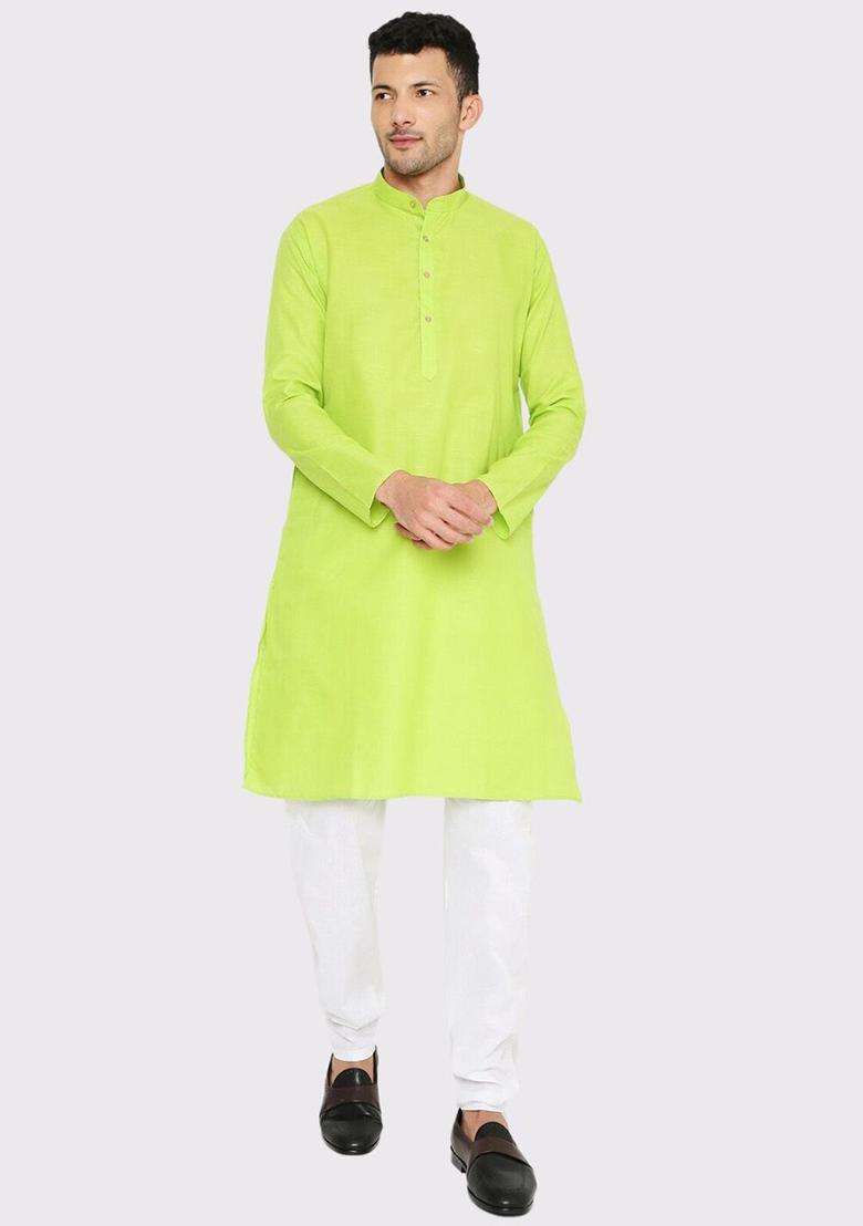 Fluorescent Green Solid Cotton Kurta Set For Men - Indya