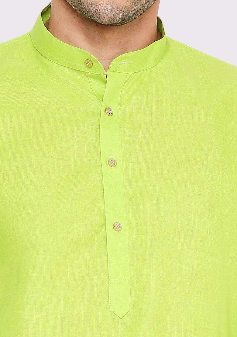 Fluorescent Green Solid Cotton Kurta Set For Men - Indya