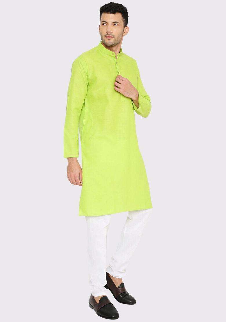 Fluorescent Green Solid Cotton Kurta Set For Men - Indya