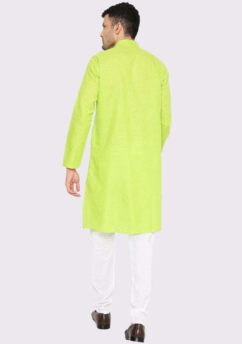 Fluorescent Green Solid Cotton Kurta Set For Men - Indya
