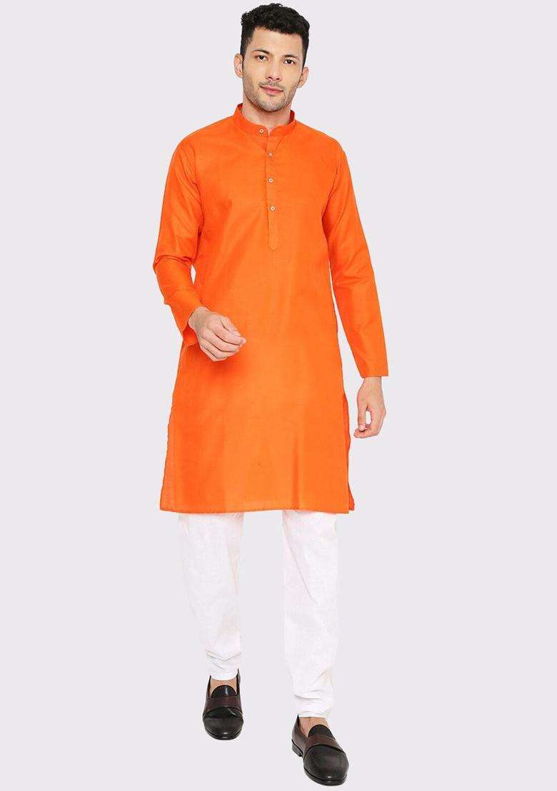 Orange Solid Cotton Kurta Set For Men - Indya