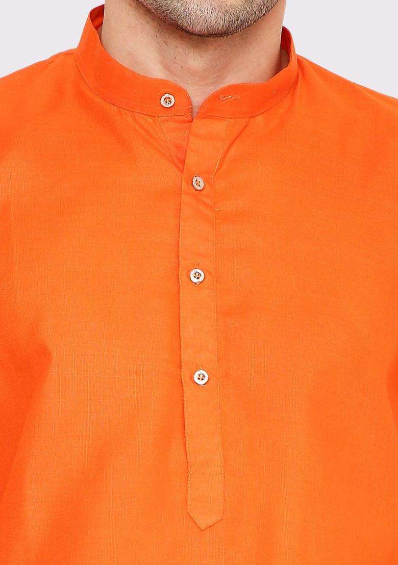 Orange Solid Cotton Kurta Set For Men - Indya
