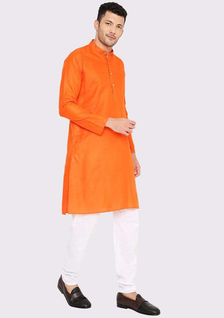 Orange Solid Cotton Kurta Set For Men - Indya