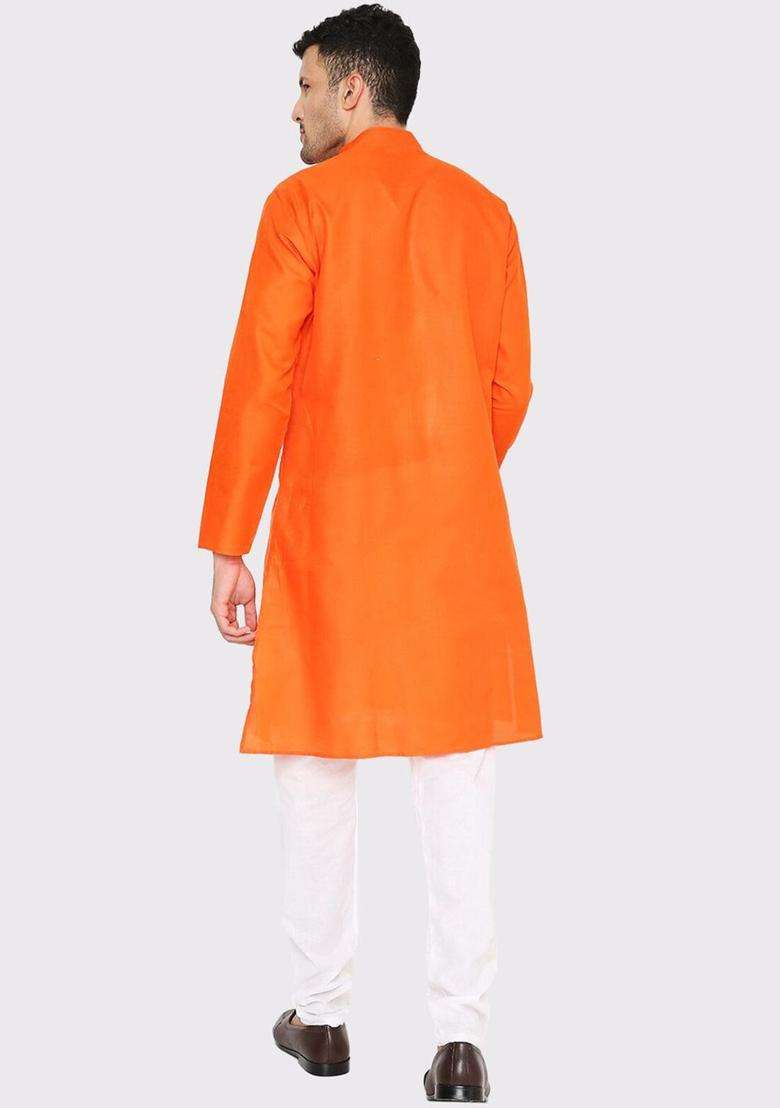 Orange Solid Cotton Kurta Set For Men - Indya