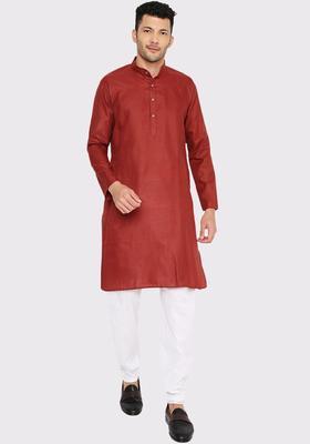 Maroon Solid Cotton Kurta Set For Men