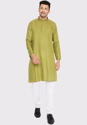 Sea Green Solid Cotton Kurta Set For Men