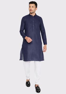 Navy Blue Solid Cotton Kurta Set For Men