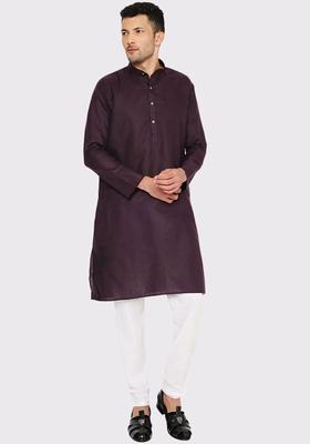 Purple Solid Cotton Kurta Set For Men